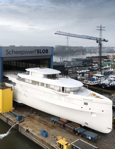 Feadship 719 superyacht leaving shipyard pre-outfitting