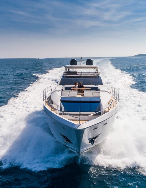 A Pearl 95 superyacht making a passage through the water.