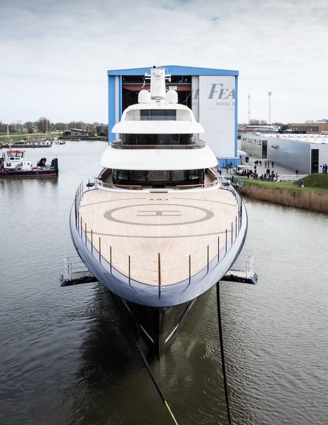 Feadship Superyacht Project 1014 foredeck with helipad outside shipyard 