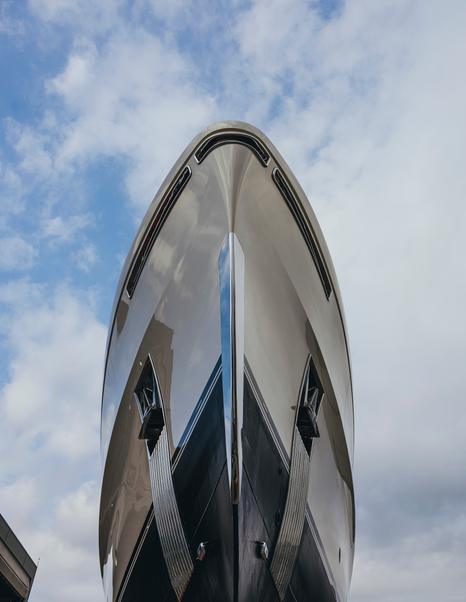 Undershot of Superyacht Serenity II bow at launch