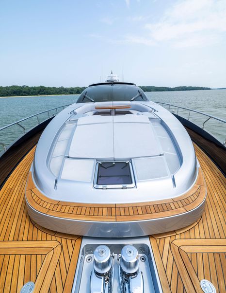 Riva motor yacht Indiscretion foredeck with sun pads and seating 