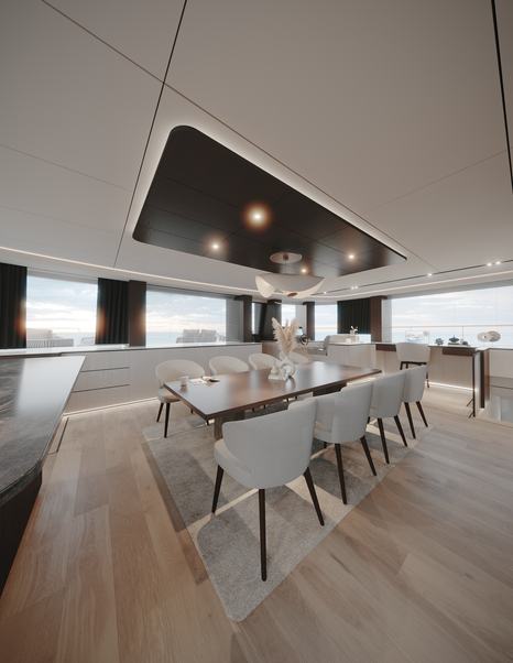 Rendering of VisionF 101 catamaran main saloon dining area 