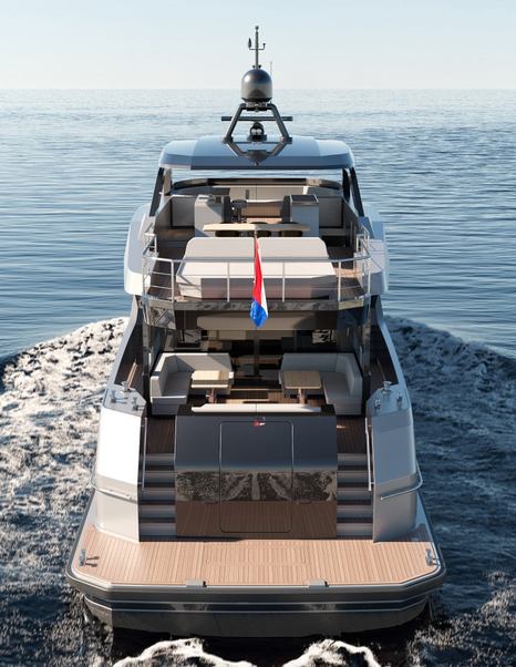 Rendering of Outer Reef 780 Adventure motor yacht under way 