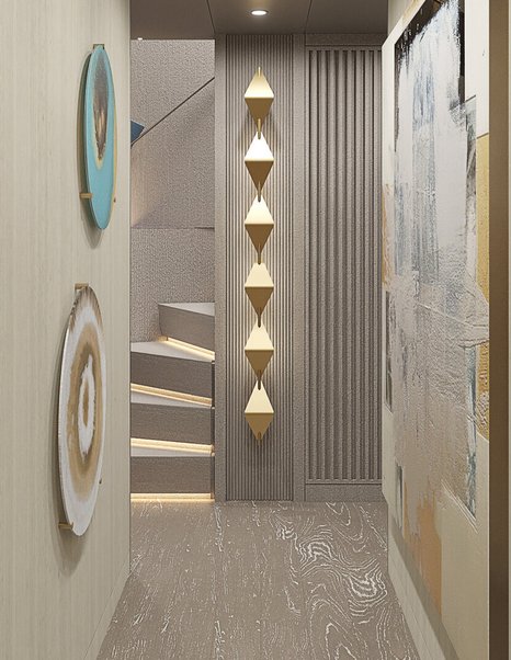 Rendering of Tankoa Superyacht Spirit hallway with warm integrated LEDs and abstract art