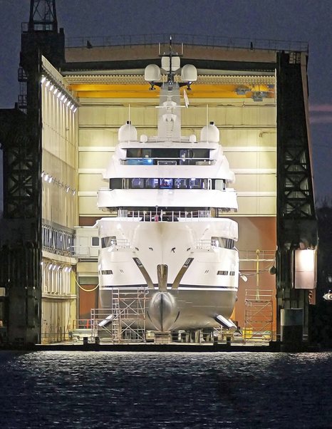 Frontal view of Lurssen 'Project Hawaii' docked at shipyard