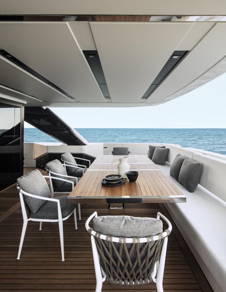 Alfresco set up on the aft deck of Sanlorenzo yacht