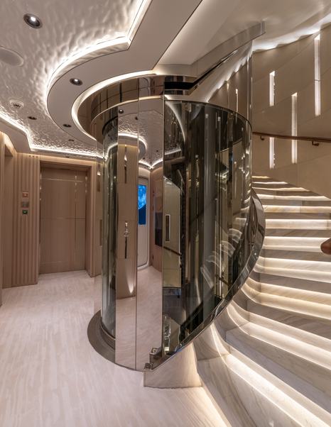 Bilgin 263 Superyacht Al Reem glass elevator and lit up spiral staircase 
