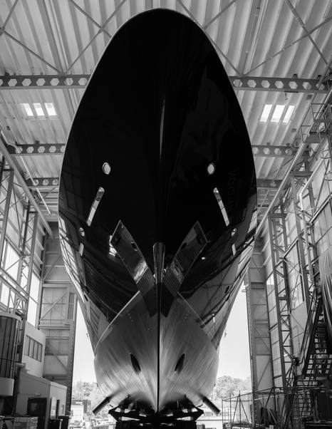 Feadship Superyacht Halcyon bow shot in black and white 