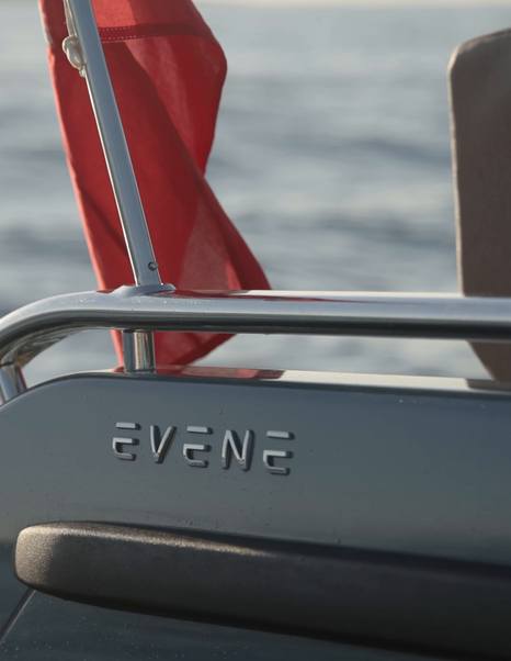 Evene Origin 71 stern detail with Evene badge and Red Ensign