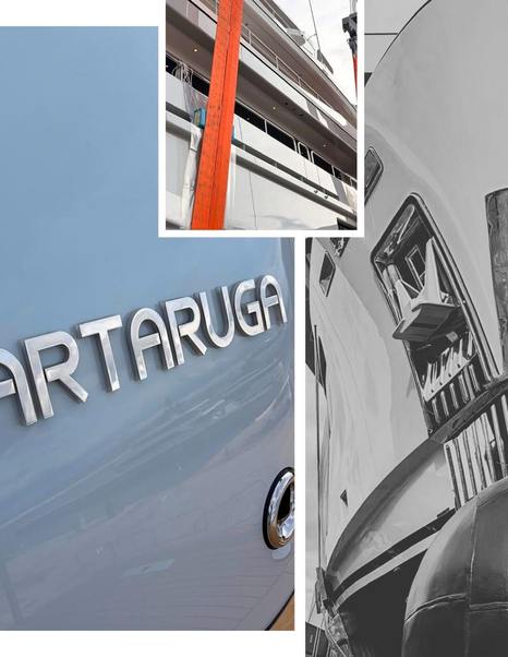Close up of Second Cantiere delle Marche Nauta Air 110 Explorer Yacht Tartaruga superstructure collage