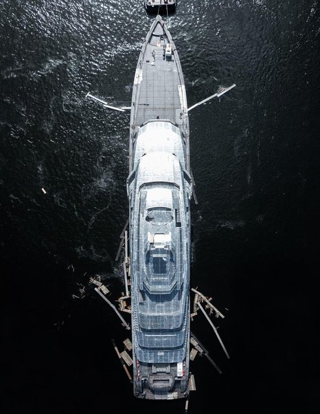 Aerial view of superyacht Project Ziggy under construction at technical launch