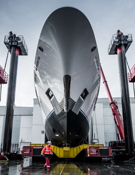 Amels 200 emerging from outfitting shed