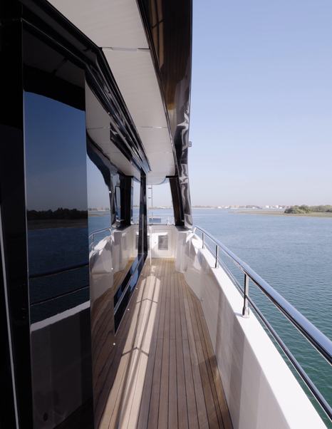 Lower side deck aboard the Gulf Craft Majesty 100 Terrace with wide walkways and high bulwarks