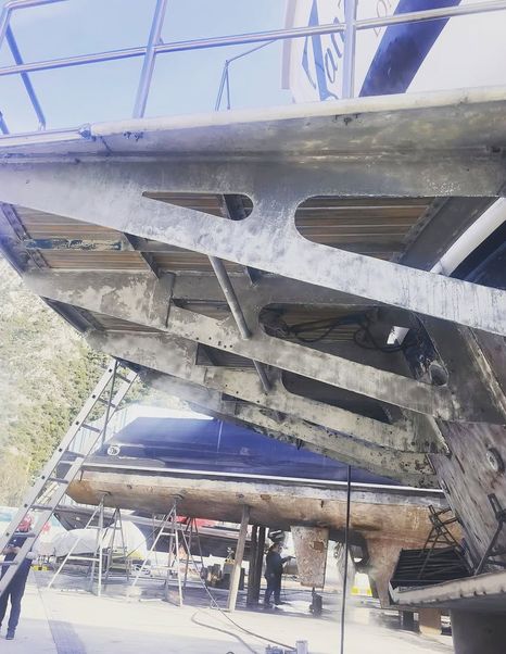 Under Superyacht Zanzoun at Marine Group Yachting International refit facility 