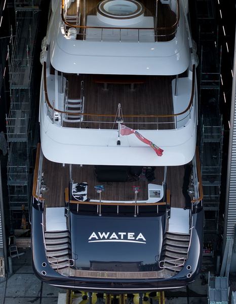 Royal Hakvoort Superyacht Awatea stern leaving shipyard post-refit