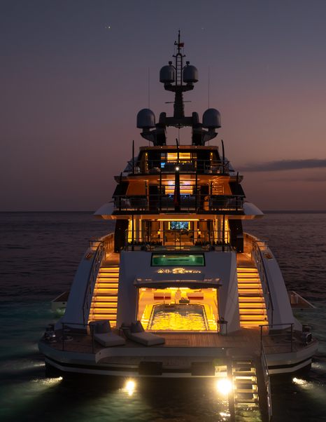Bilgin 263 Superyacht Al Reem stern at night with underwater lights