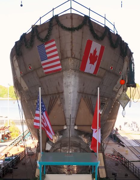 Lürssen Superyacht Project Ziggy bow pre-fitting with american and canadian flag 