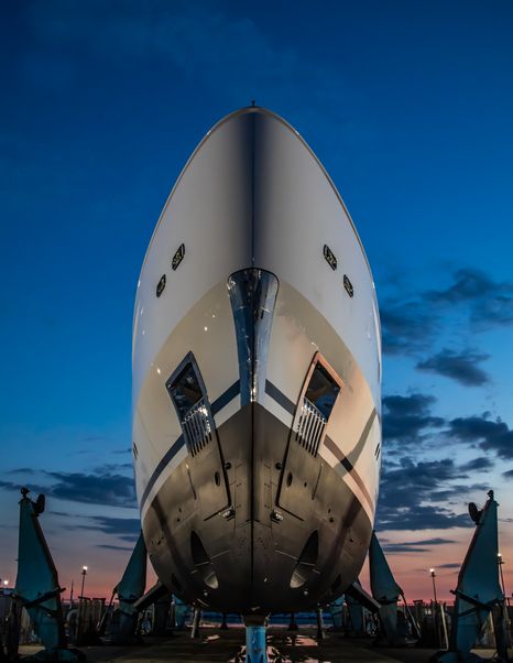 Close up of underside bow of superyacht Lady Estey