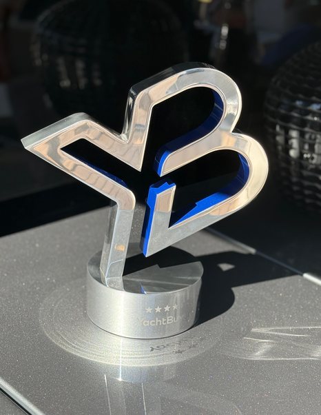 Close up of the YachtBuyer Hall of Fame 5 Star Trophy 