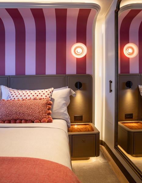 Moonen 122 Martinique Superyacht Lollipop cabin with pink striped walls 