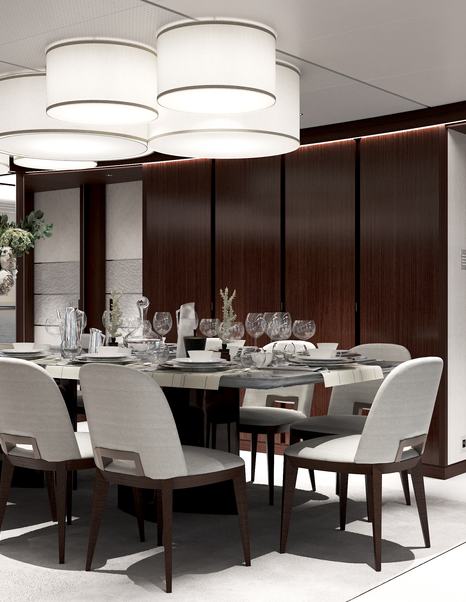 Rendering of Superyacht Pa'lante indoor dining area with dark wood panels