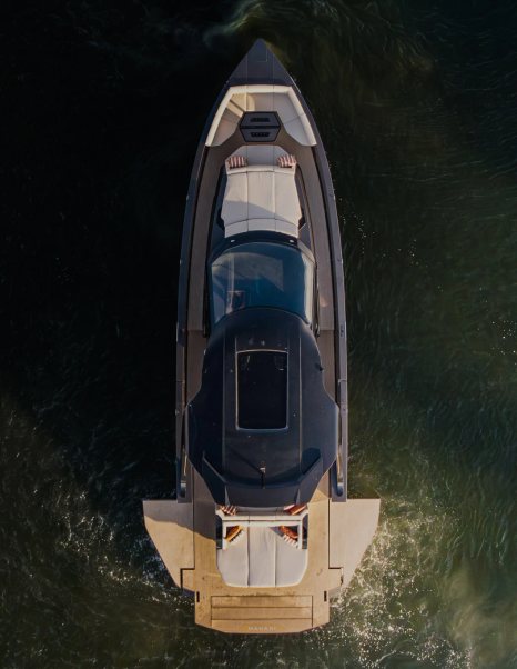 Manari 52 yacht at anchor aerial view 