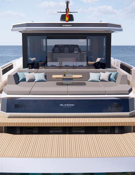 De Antonio D60 aft cockpit with large sun pad and open connection to saloon
