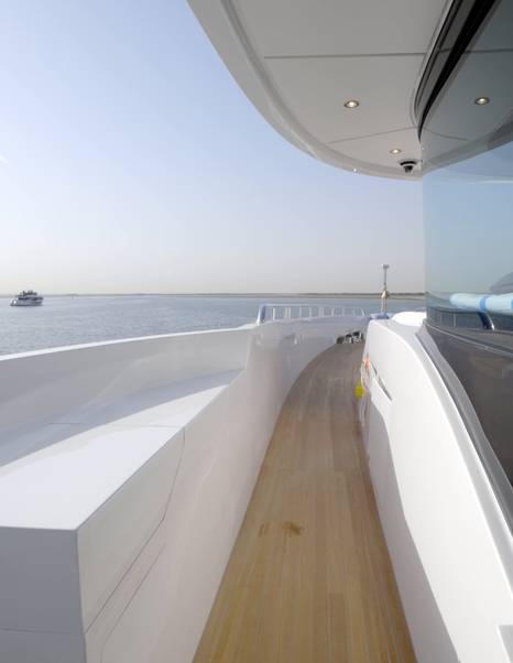 Upper side deck aboard the Gulf Craft Majesty 145 with direct access to the foredeck