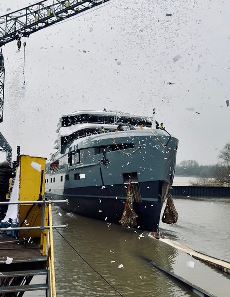 Close up of Expedition Yacht Horizon bow during launch ceremony covered in confetti