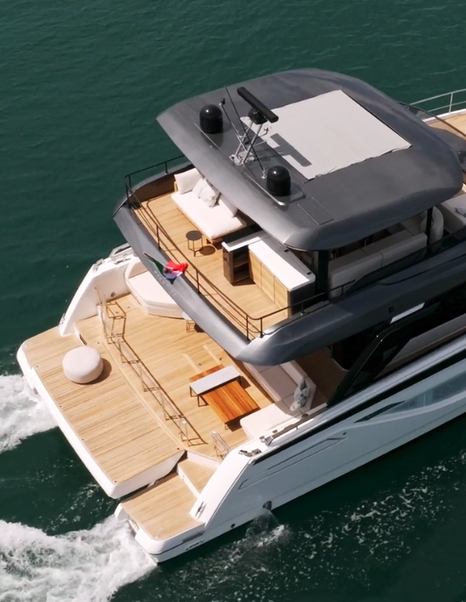 Aerial view of Prestige M7 Catamaran aft decks 
