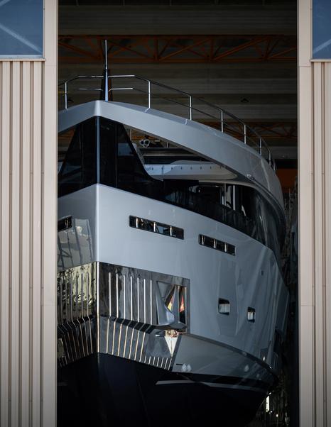 Close up of Second Maiora 36 Exuma superyacht bow leaving shipyard before launch