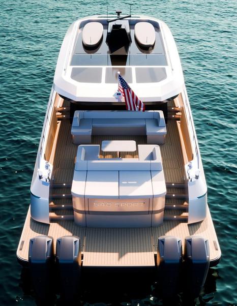 Aerial Rendering of Outer Reef 540 Adventure Sport yacht at anchor 