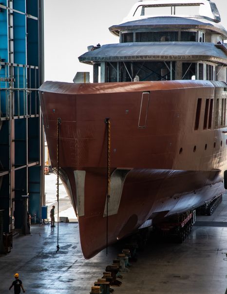 Benetti Project Iron Man superyacht hull entering shipyard bow view 