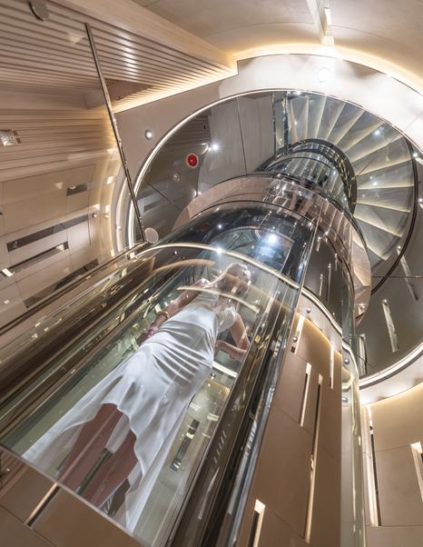 Close up of Bilgin 263 Superyacht Al Reem elevator with woman inside