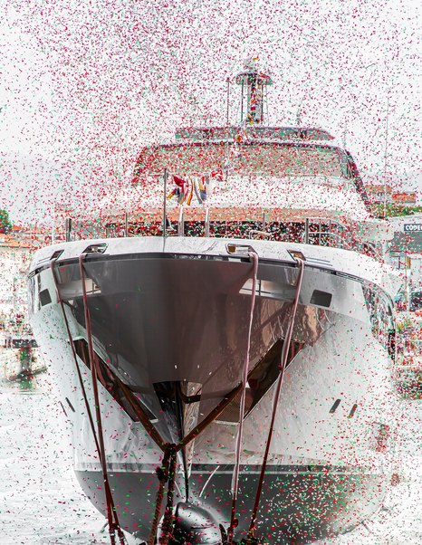 Bow shot of Benetti Class 44M Superyacht Lumina with confetti during launch