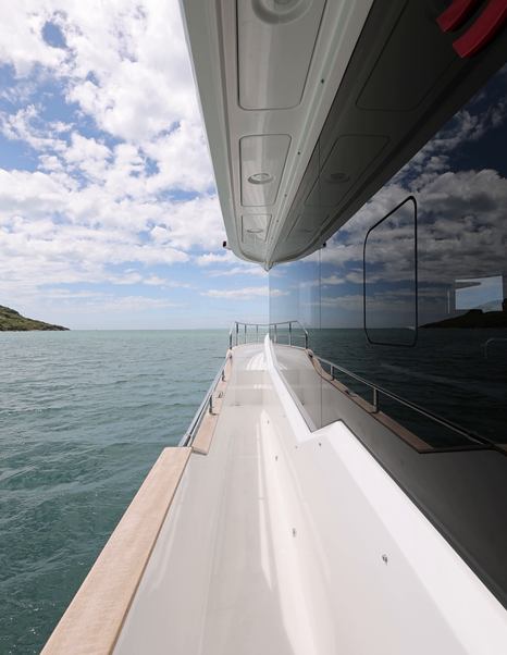 Sirena 48 port side deck beneath flybridge overhang