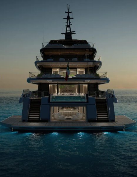Rendering of Sanlorenzo 74Steel Superyacht Virtuosity stern