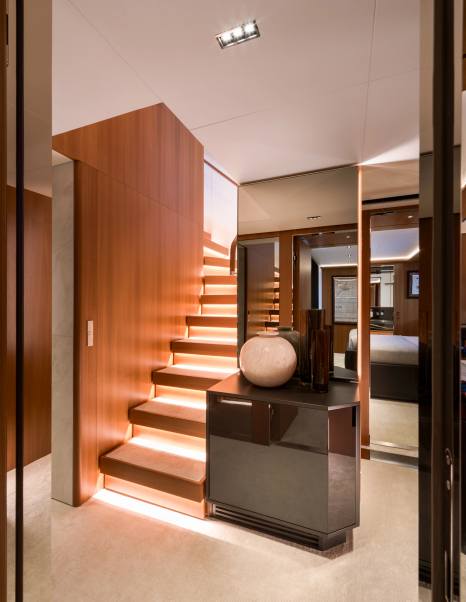 Motor Yacht Sairu accommodation staircase with integrated LEDs