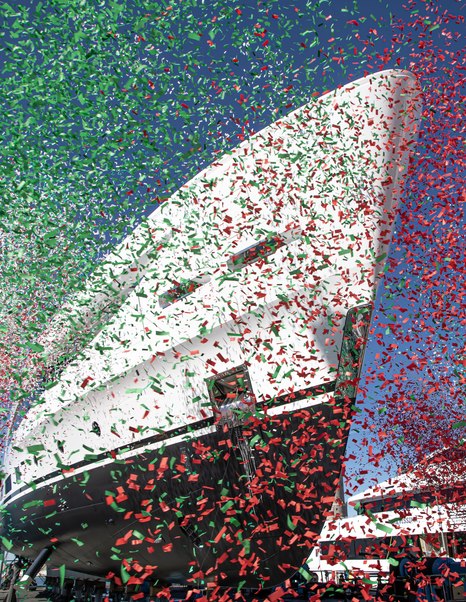 Bow of the Benetti B.Now 50m Oasis during launch ceremony, sprayed with confetti.