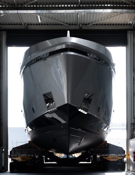 Bow shot of Superyacht Shine leaving shipyard 