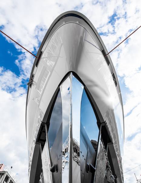 Underside of Superyacht Loewe bow at launch