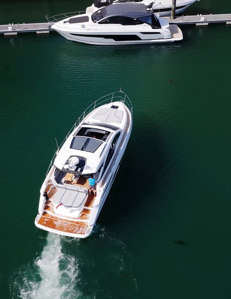 Aerial view of the Fairline Targa 47 GT manoeuvring in Ocean Village Marina