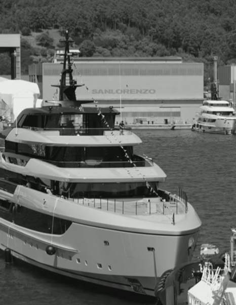 Close up of Superyacht Virtuosity foredeck and upper decks at launch in black and white 