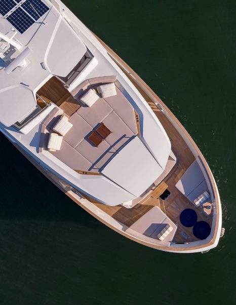 Aerial view of Numarine 27XP Explorer Yacht Maske foredeck with sunpads 