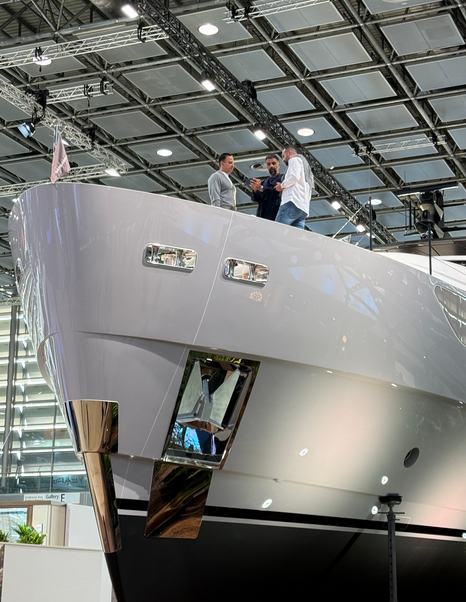 Close up of motor yacht bow with clients on board at the Boot Düsseldorf 2026 boat show 