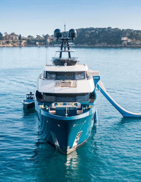 Front shot of Expedition Yacht King Benji with inflatable slide on port side 