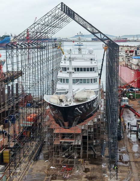 Front shot of expedition yacht Grand Rusalina at refit facility 