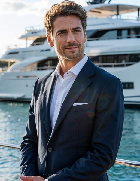 A portrait of a yacht buyer considering yachts for sale
