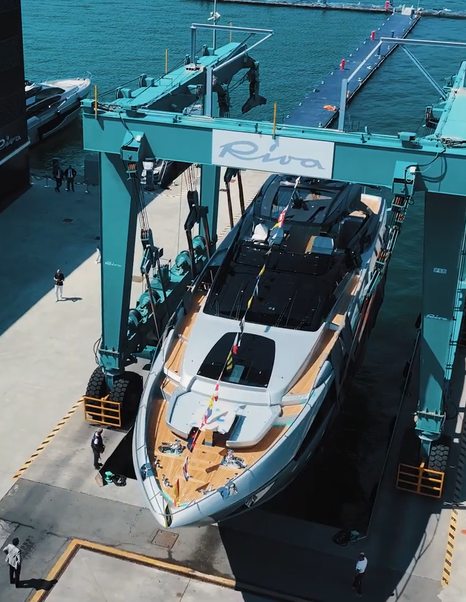 Aerial view of First Riva 96' Argo Super motor yacht at launch