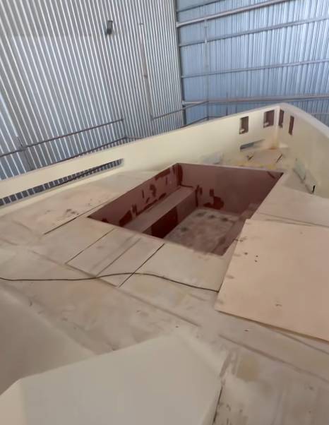 Superyacht Project Obsidian Blade foredeck under construction with integrate pool